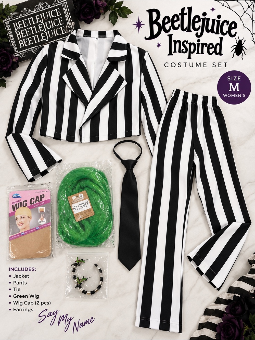 Beetlejuice Inspired Halloween Costume Women's M Striped Suit Wig 6 Piece Set